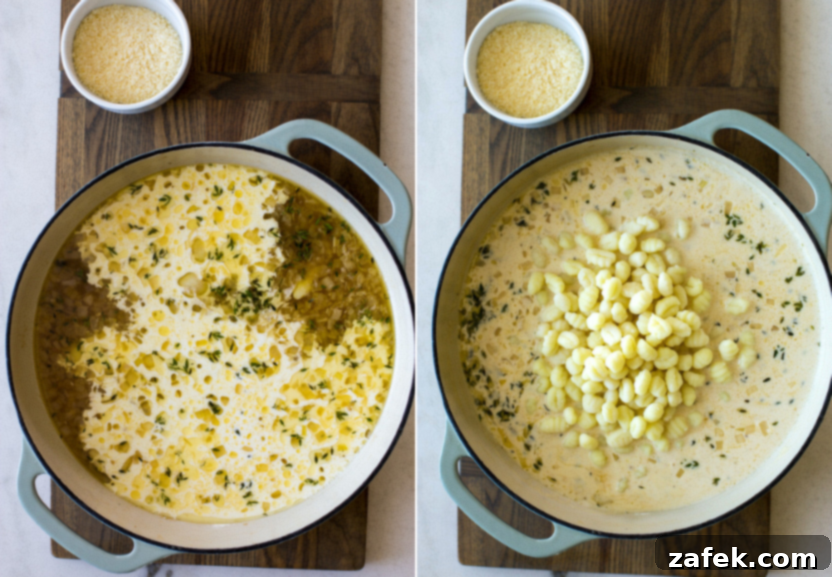 Luscious Garlic Chicken Gnocchi 7 Diptich showing skillet with creamy sauce and sautéed vegetables on the left and skillet with creamy sauce topped with uncooked gnocchi on the right