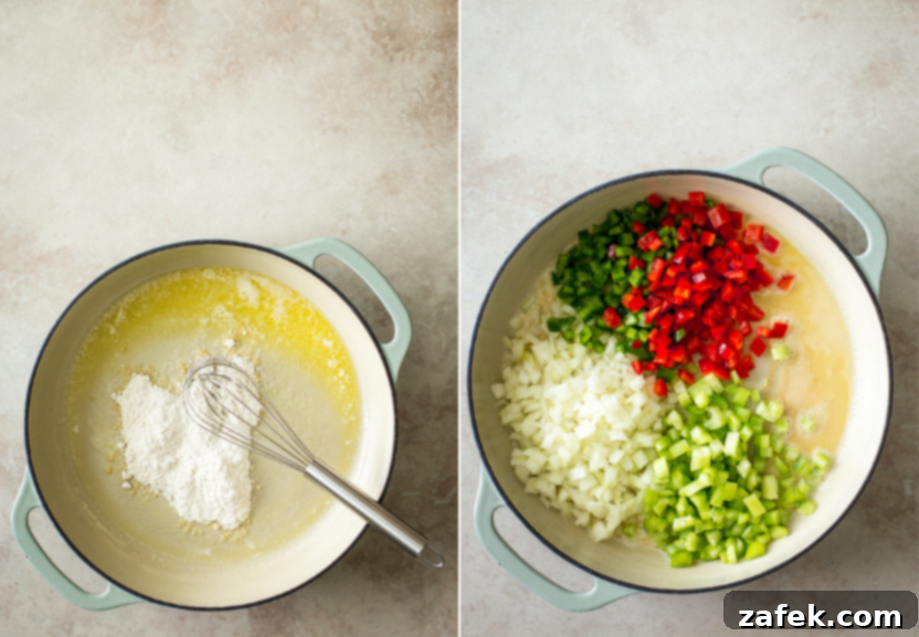 Bayou Shrimp with Creole Kick 4 Diptich of a skillet of butter and flour and a skillet of chopped onions, bell peppers and celery