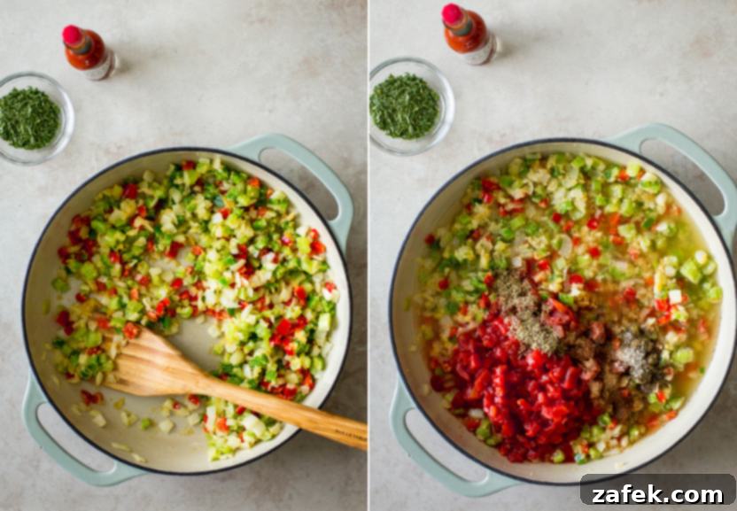 Bayou Shrimp with Creole Kick 5 Diptich of cooked veggies in a skillet and a skillet of cooked veggies topped with tomatoes and spices