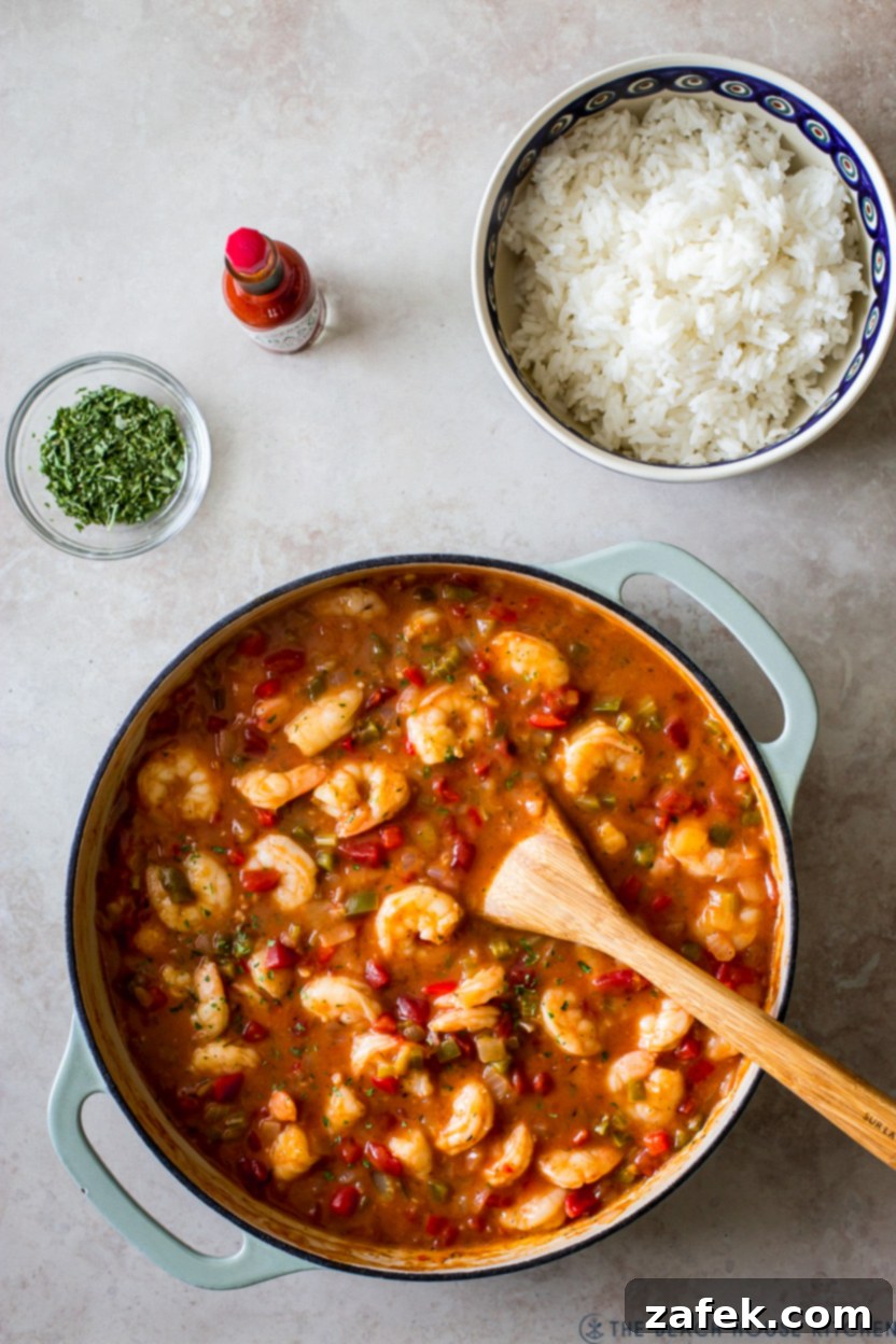 Bayou Shrimp with Creole Kick 8 Overhead photo of a skillet of shrimp creole