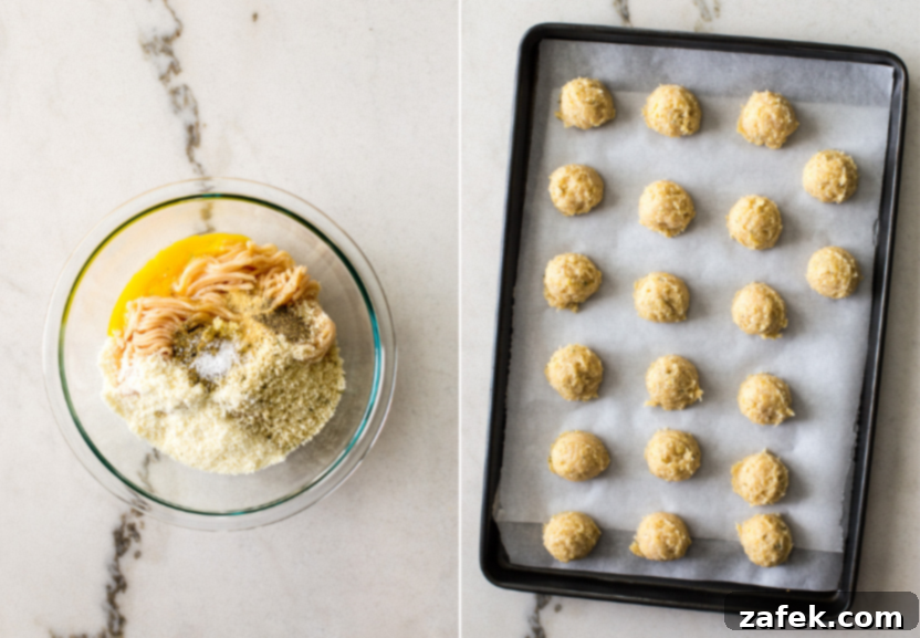 Parmesan Chicken Poppers 5 Diptich showing a bowl of raw chicken meatball mixture on the left and a baking tray filled with perfectly scooped raw chicken meatballs on the right.