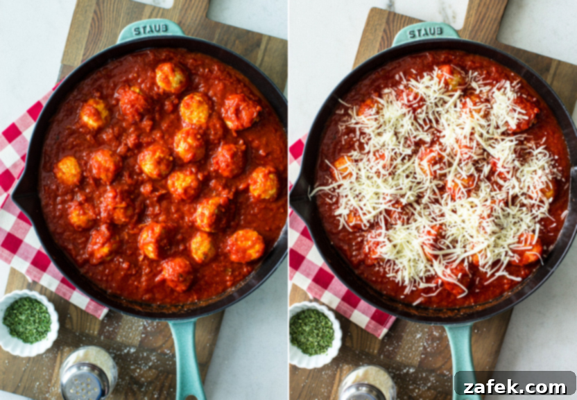 Parmesan Chicken Poppers 6 Diptich showing a deep oven-proof skillet with marinara sauce and cooked chicken meatballs on the left, and the same skillet with meatballs and sauce topped generously with shredded mozzarella cheese on the right, ready for the oven.