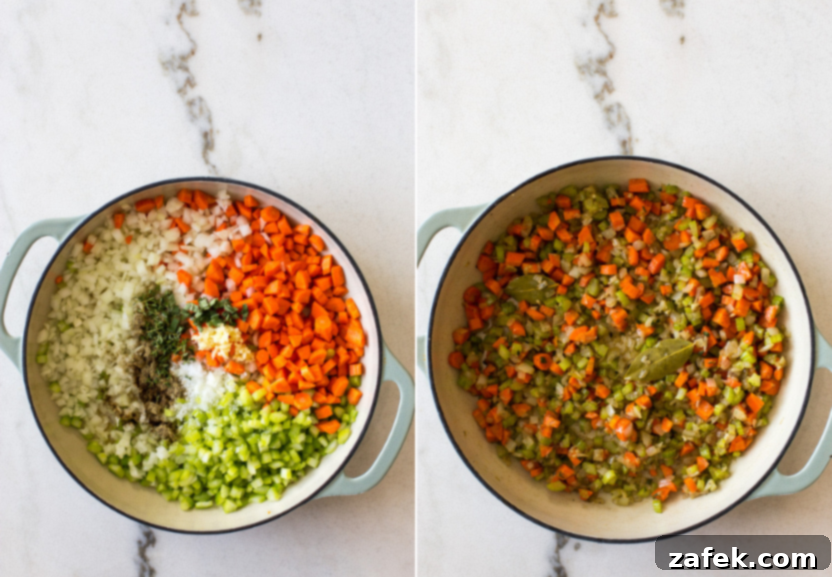 Bianco Bolognese 6 A diptych showing two stages of vegetable preparation: the first image depicts raw, finely chopped onions, carrots, and celery in a skillet, while the second shows the same vegetables softened and beautifully caramelized after cooking.