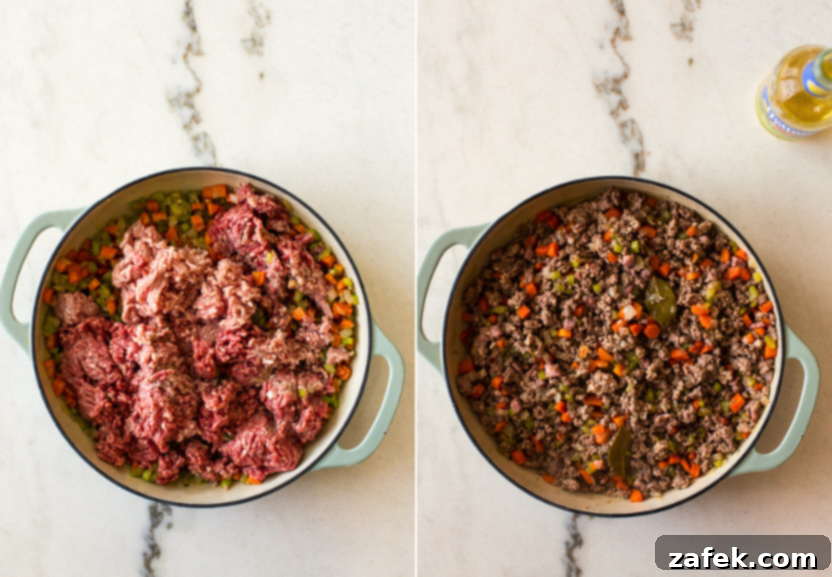 Bianco Bolognese 8 A diptych showing the evolution of meat preparation: the first image features raw ground meat ready for cooking in a skillet, and the second displays perfectly browned meat combined with sautéed vegetables, creating a rich sauce base.