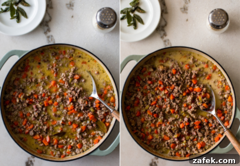 Bianco Bolognese 10 A diptych showing the White Bolognese sauce simmering to perfection in a skillet, with the first panel capturing the early stages of reduction and the second showcasing its slightly thickened, creamy consistency.