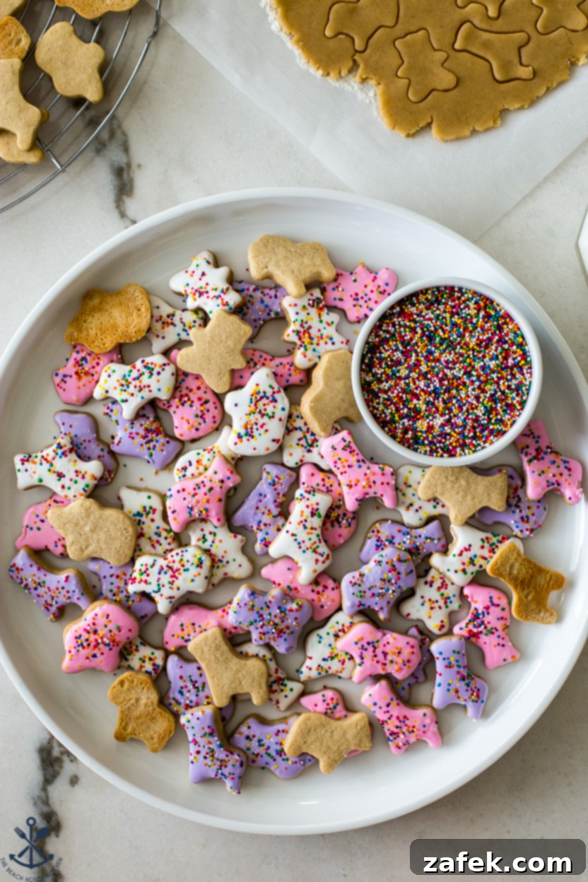 Overhead photo of a round white plate of homemade animal cookies