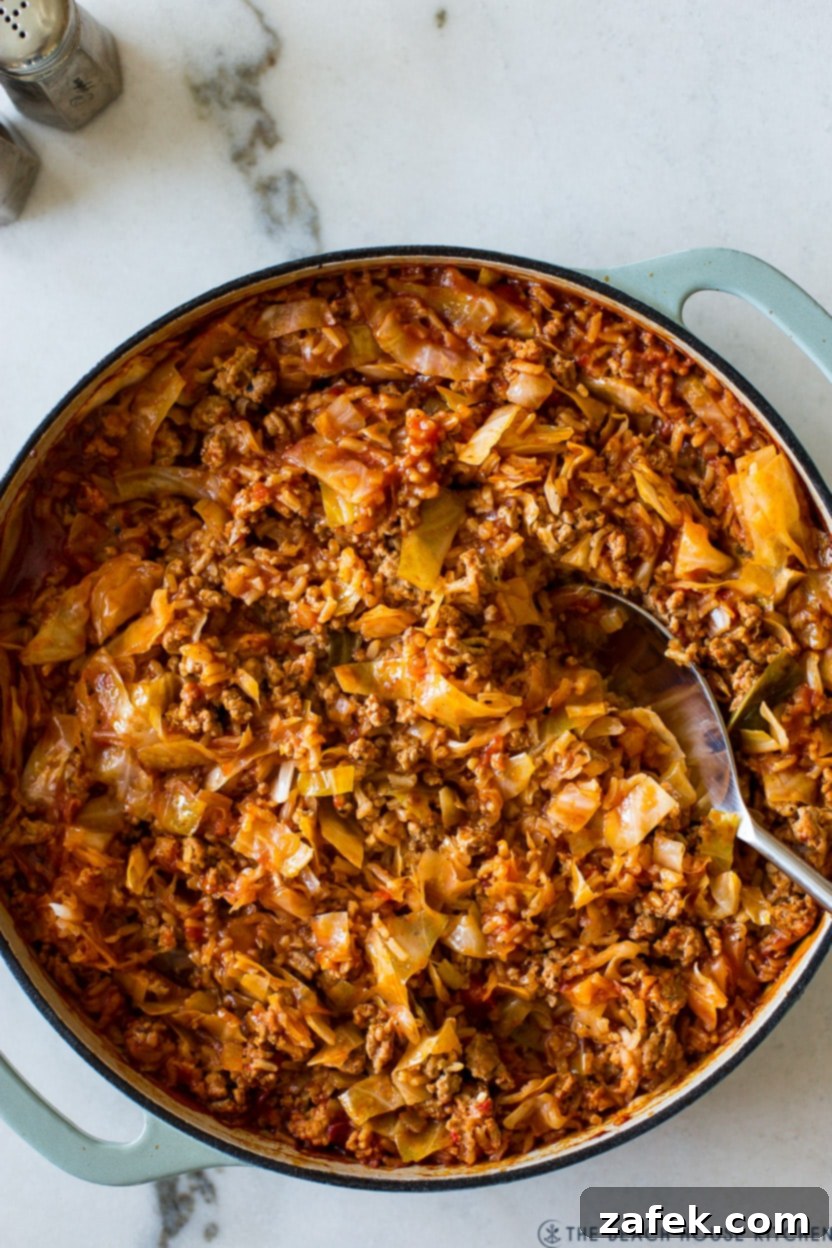 Cabbage Roll Casserole 2 Overhead photo of a stuffed cabbage casserole