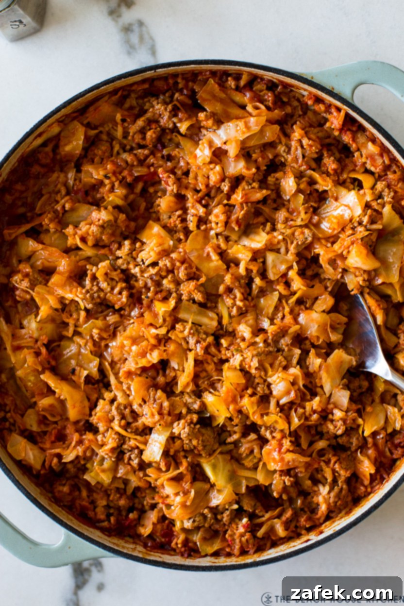 Cabbage Roll Casserole 3 Up close overhead photo of a unstaffed cabbage casserole