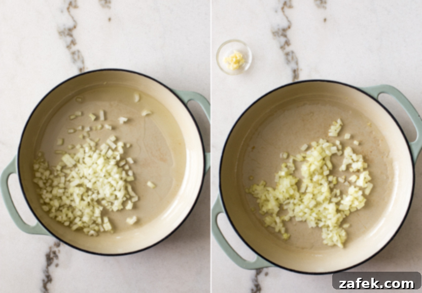 Cabbage Roll Casserole 5 Diptich of uncooked chopped yellow onions and cooked chopped yellow onions in a skillet