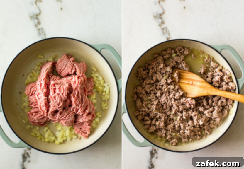 Cabbage Roll Casserole 6 Diptich of pre-cooked ground pork and cooked ground pork in a skillet