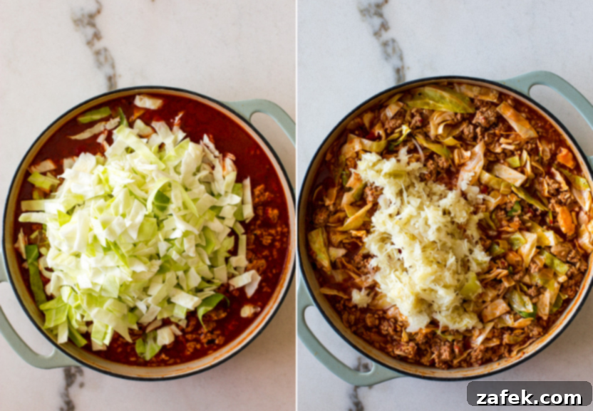 Cabbage Roll Casserole 8 Diptich of casserole topped with shredded cabbage and a casserole topped with sauerkraut
