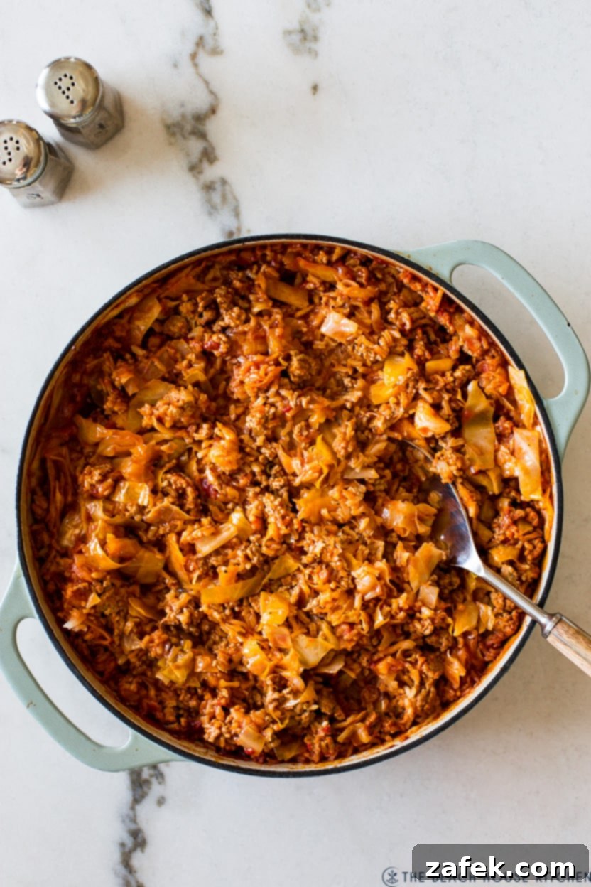 Cabbage Roll Casserole 9 Overhead photo of a skillet of unstuffed cabbage casserole