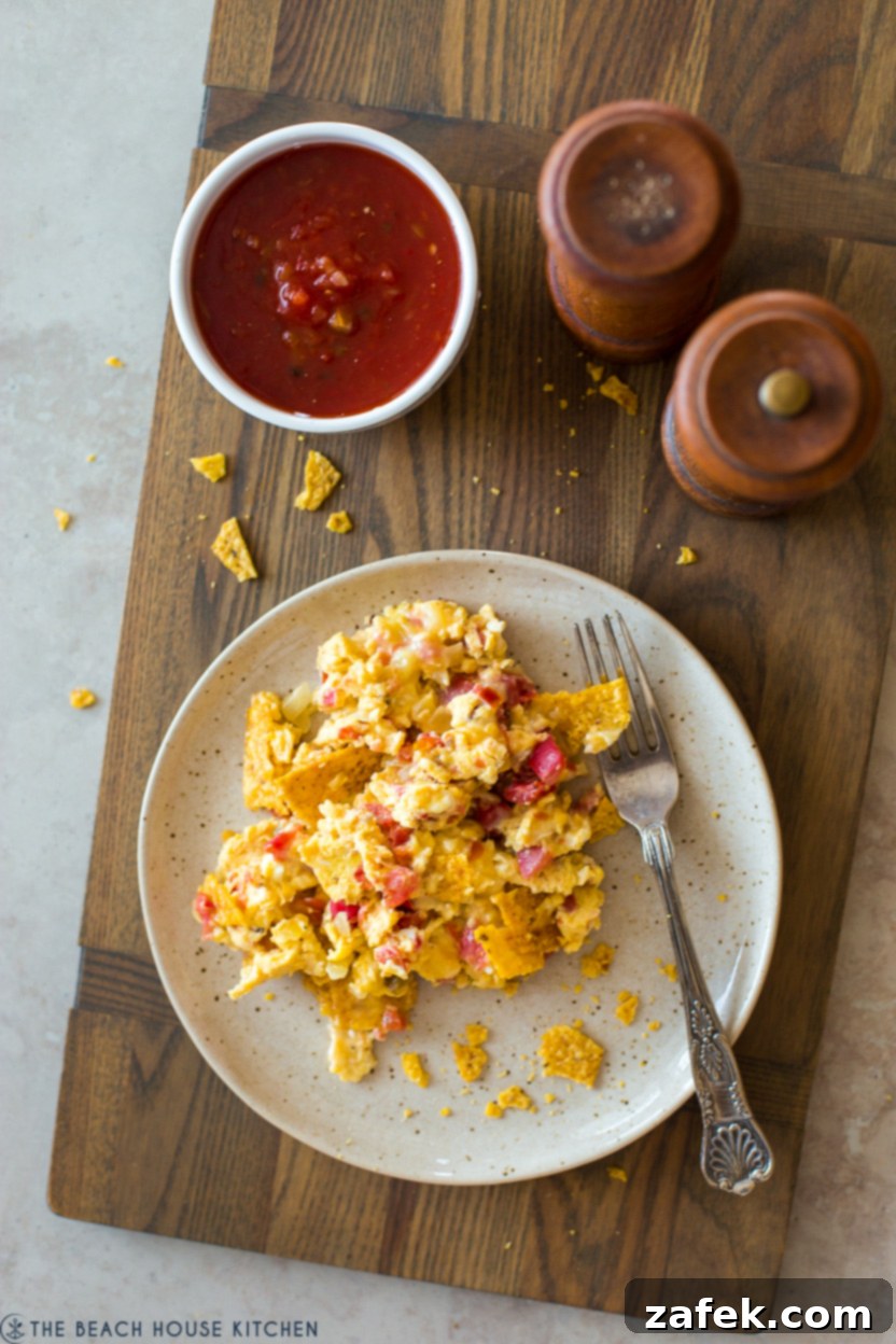 Overhead photo of a plate of vibrant Tex-Mex Migas, garnished with fresh cilantro and served alongside a small bowl of salsa.