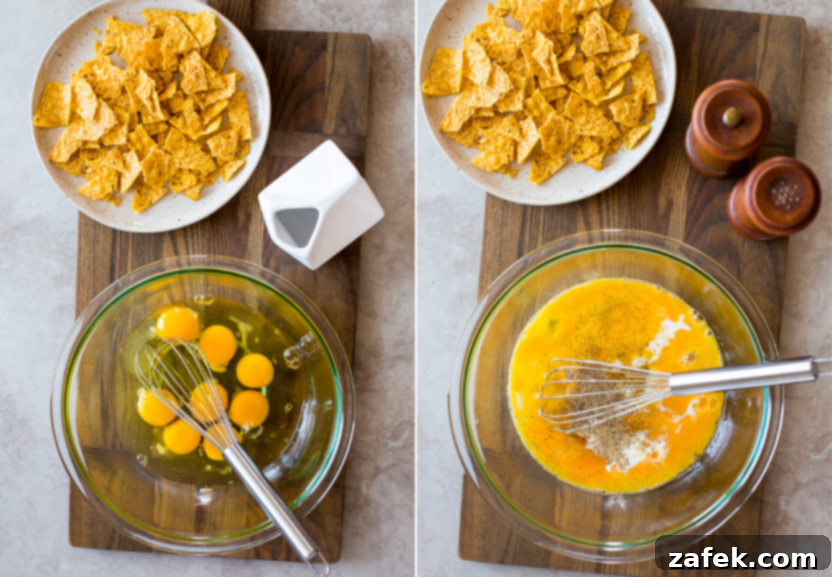A two-panel image showing the initial preparation stages: whisking large eggs with half-and-half in a bowl for the migas base.