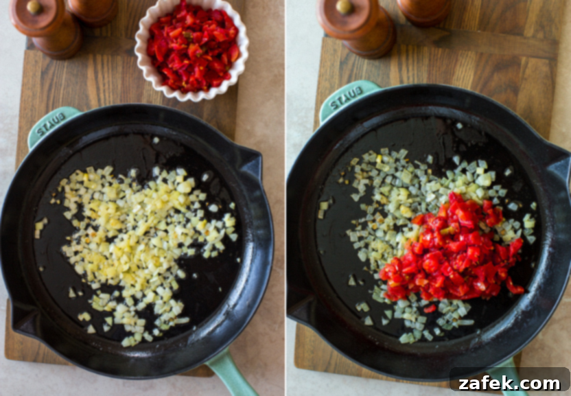 A two-panel image detailing the cooking process: first, finely chopped onions are sautéed in melted butter until translucent; then, drained Rotel tomatoes and green chiles are added to the skillet.