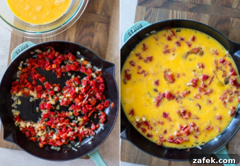 A two-panel image demonstrating the incorporation of ingredients: the whisked egg mixture is poured into the skillet with the cooked onions and tomatoes, followed by the addition of broken corn tortilla chips.