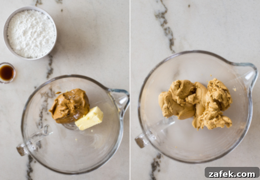 Irresistible Peanut Butter Eggs from Scratch 5 Diptich of a bowl of peanut butter and butter and a bowl of a peanut butter dough