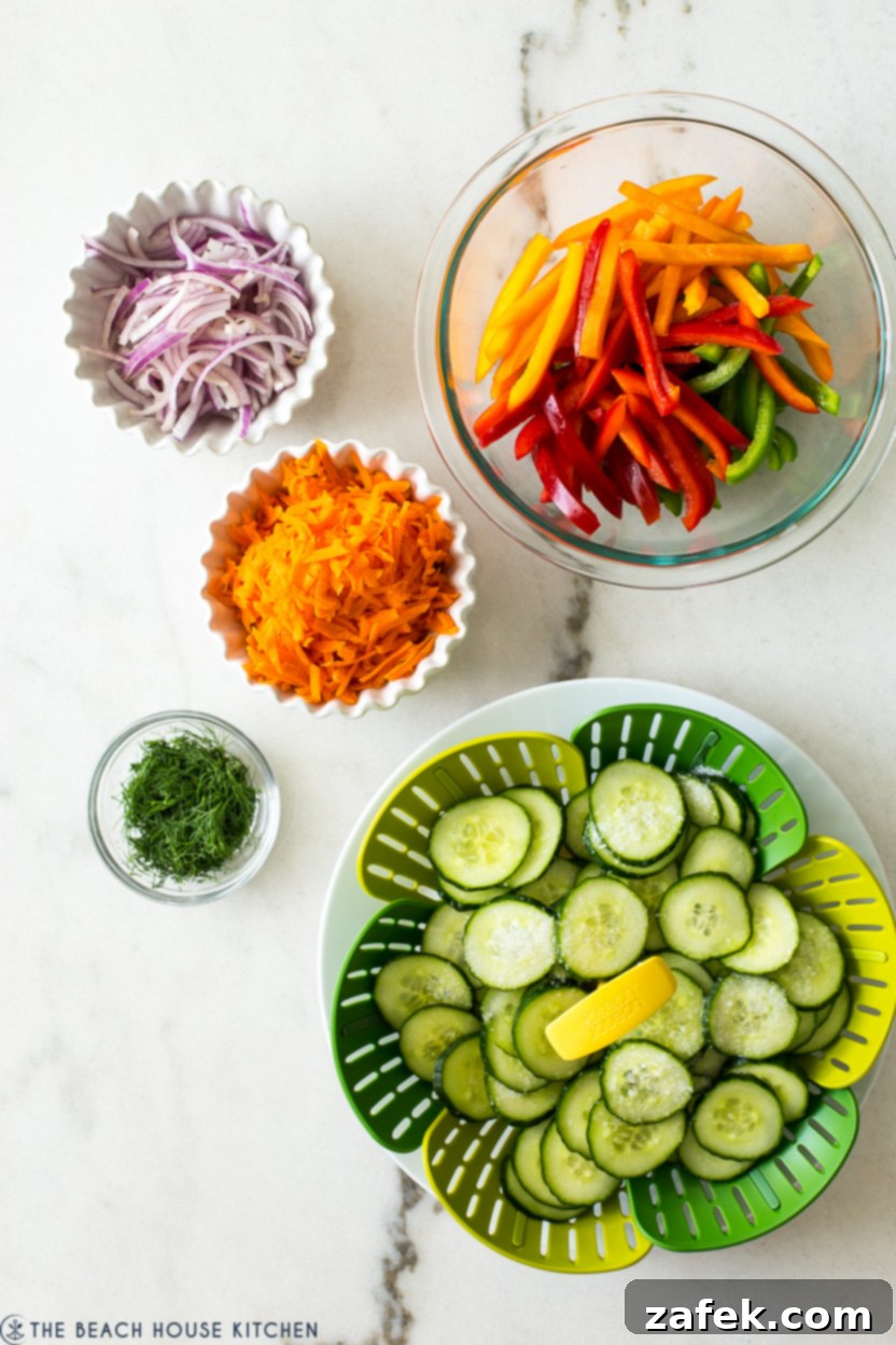 Overhead photo showing fresh ingredients for the Easy Cucumber Salad laid out: sliced cucumbers, shredded carrots, bell peppers, red onion, and fresh dill.