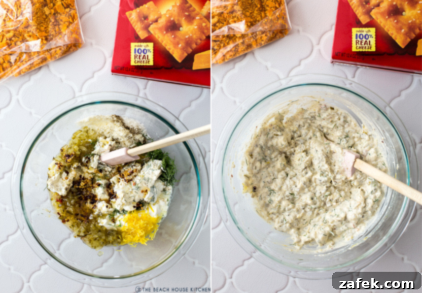 Mixing cream cheese, sour cream, dill pickle relish, and other ingredients in a large bowl with a rubber spatula.