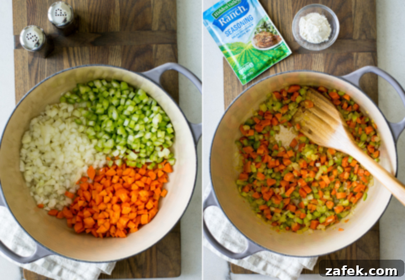 Hot Wing Soup 6 Diptych showing two stages of cooking: chopped vegetables sautéing in a pot on the left, and the addition of flour and seasoning on the right.