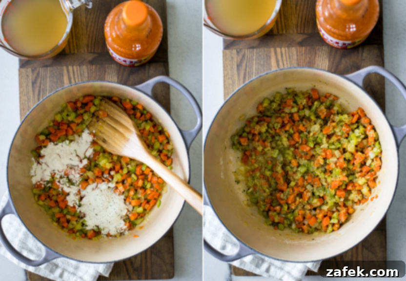 Hot Wing Soup 7 Diptych showing two stages of cooking: adding flour and ranch seasoning to vegetables on the left, and stirring in chicken broth and Frank's RedHot sauce on the right.