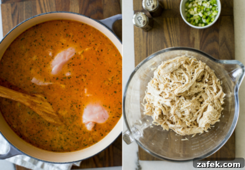 Hot Wing Soup 8 Diptych showing two stages of cooking: raw chicken breasts added to the soup pot on the left, and the soup simmering with the chicken cooking on the right.