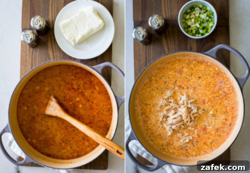 Hot Wing Soup 9 Diptych showing two stages of cooking: adding softened cream cheese to the soup on the left, and shredded chicken being returned to the pot on the right.