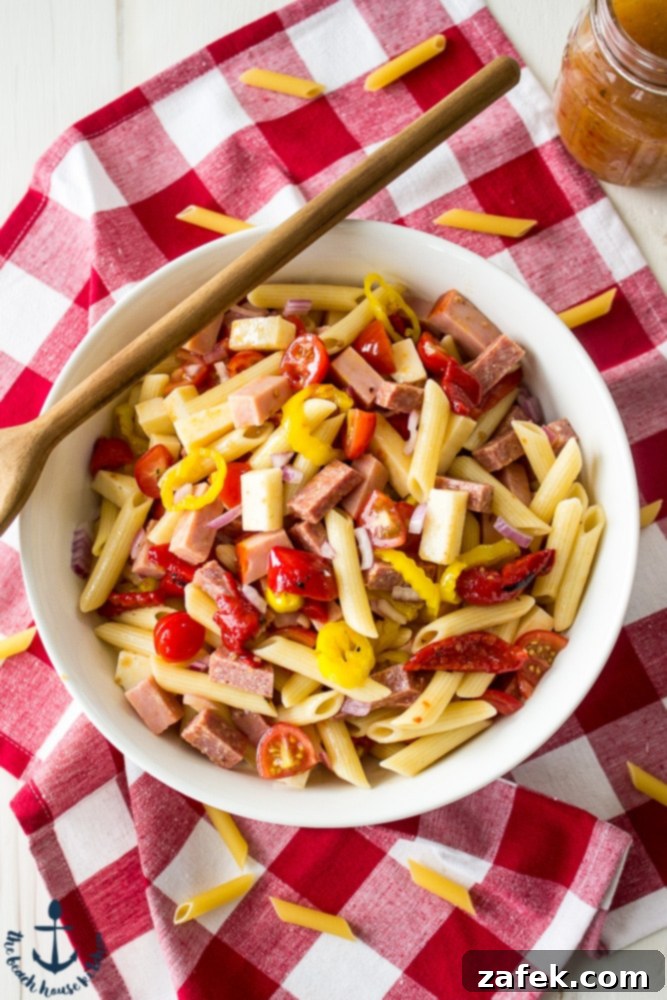 Close-up of Sean's Antipasto Pasta Salad with colorful ingredients