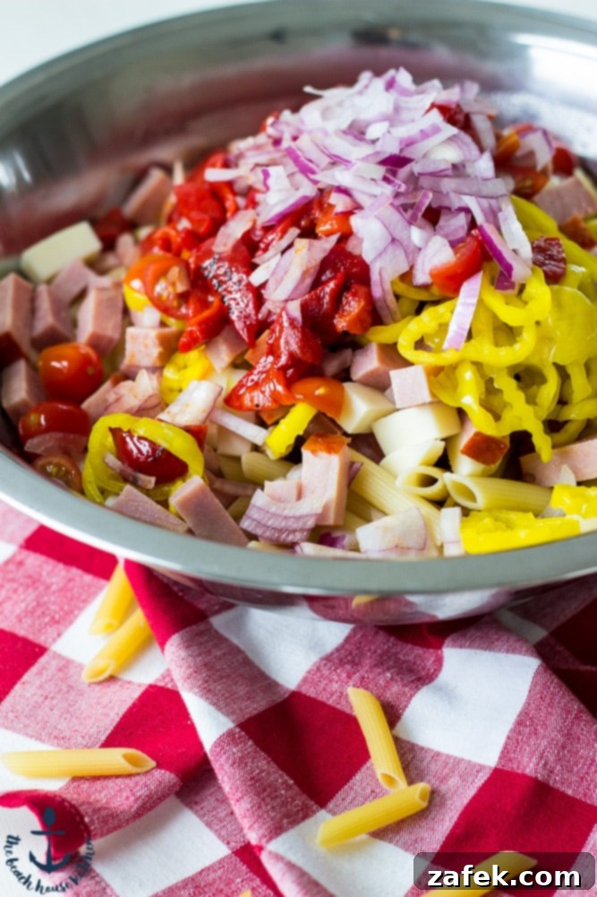 Ingredients for Sean's Antipasto Pasta Salad displayed before mixing