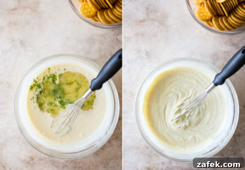 Diptych showing the whisked key lime filling and the first layer of crackers