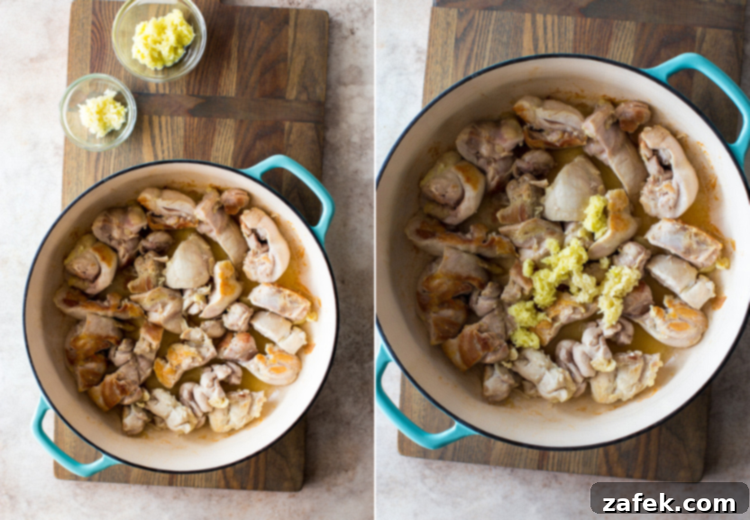Crispy Gochujang Chicken Stir-Fry 7 A diptych showing two stages of cooking: first, browned chicken in a skillet, and second, garlic and ginger added to the skillet with the chicken.
