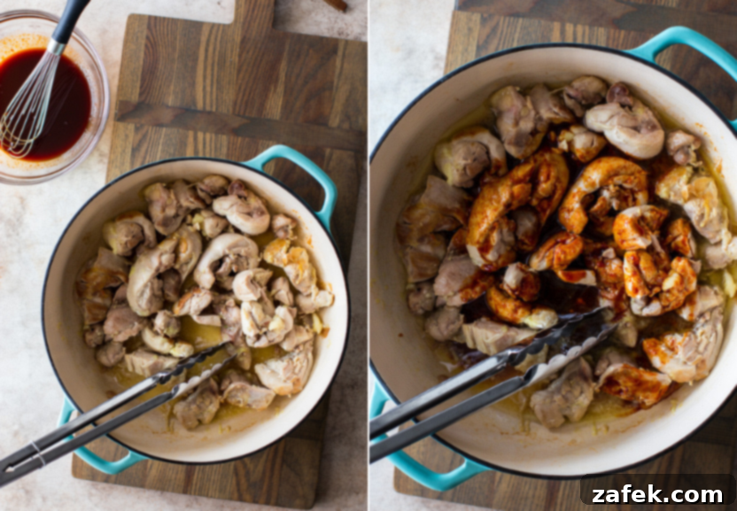 Crispy Gochujang Chicken Stir-Fry 8 A diptych showing two stages of cooking: first, the gochujang sauce being poured over the chicken, and second, the sauce thickened and coating the chicken in the skillet.