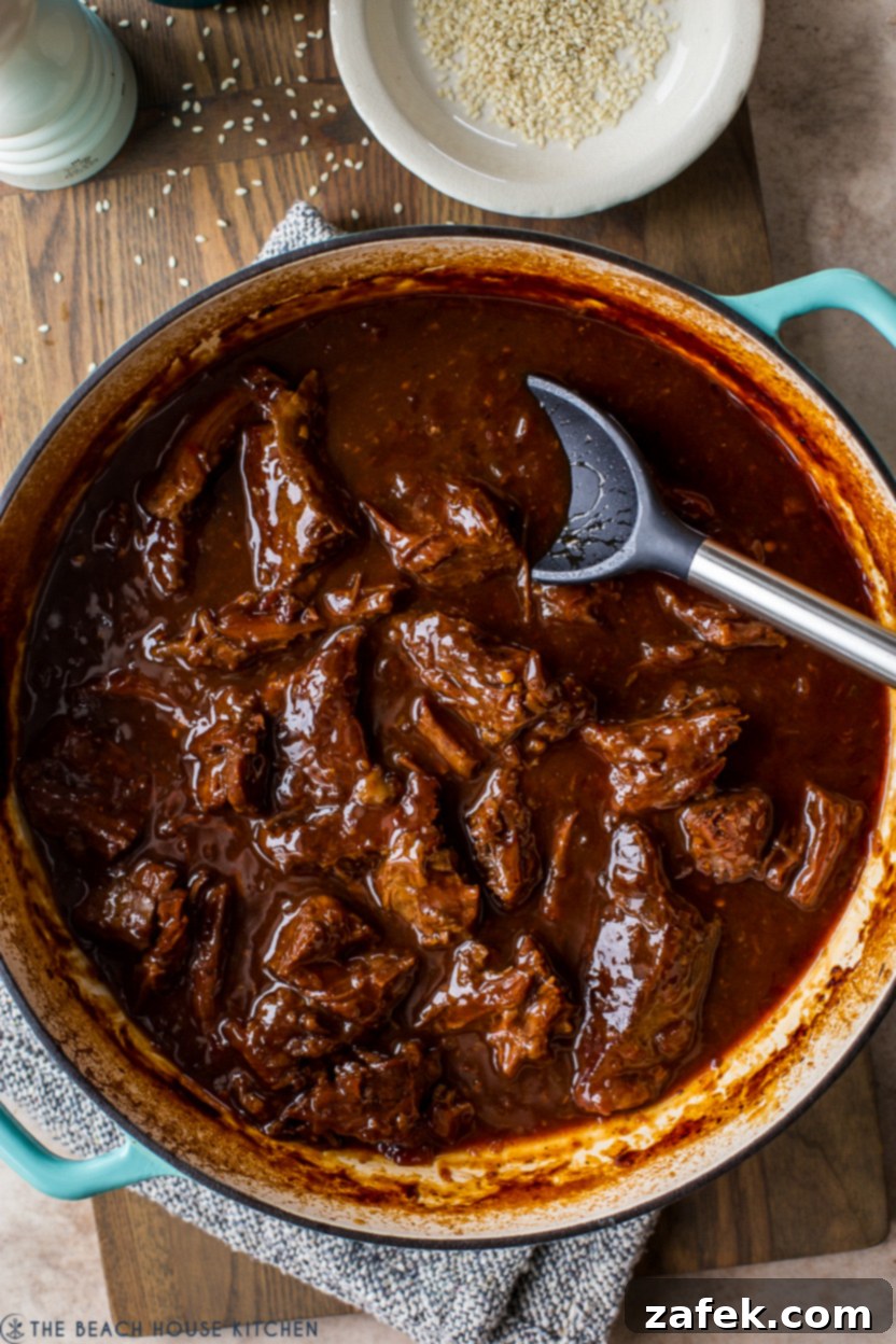 Overhead photo of Korean Style Pot Roast in a Dutch oven