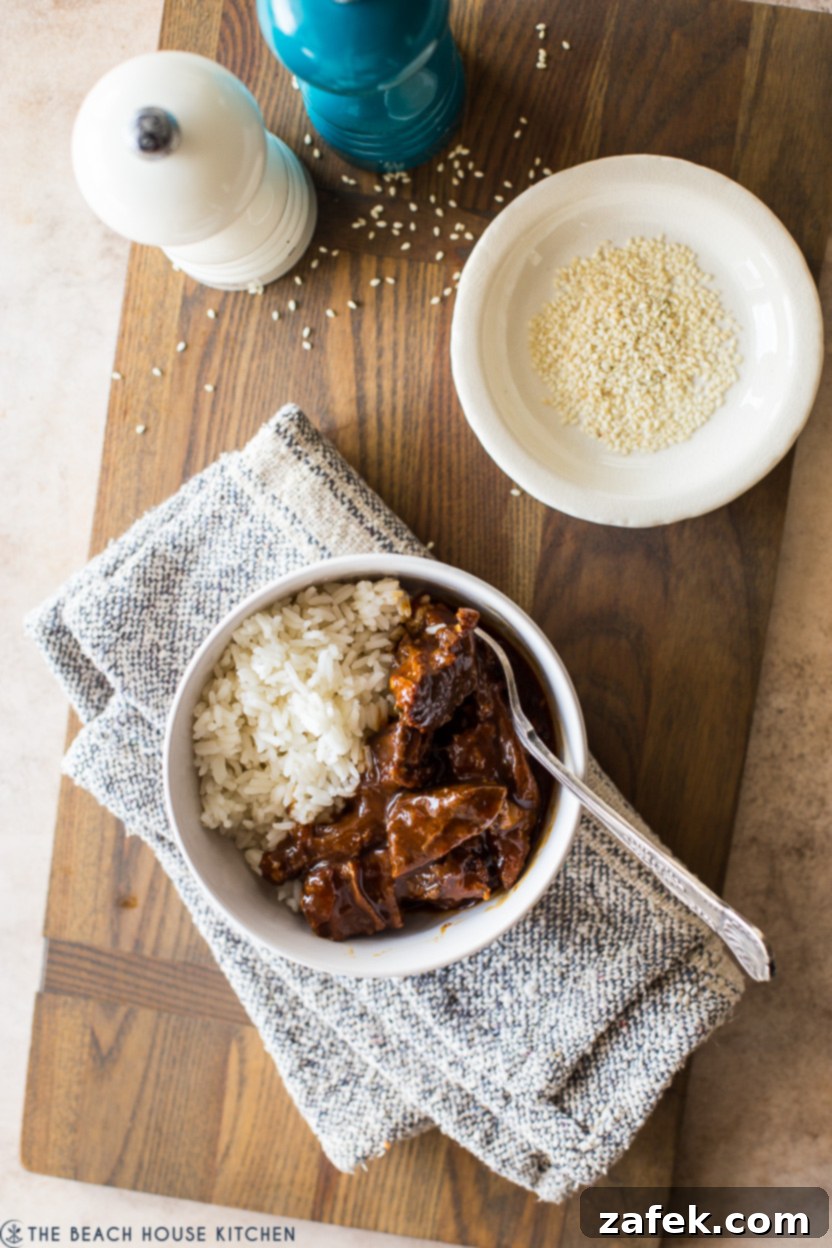 Overhead photo of a bowl of beef and rice with a small dish of sesame seeds off to the side