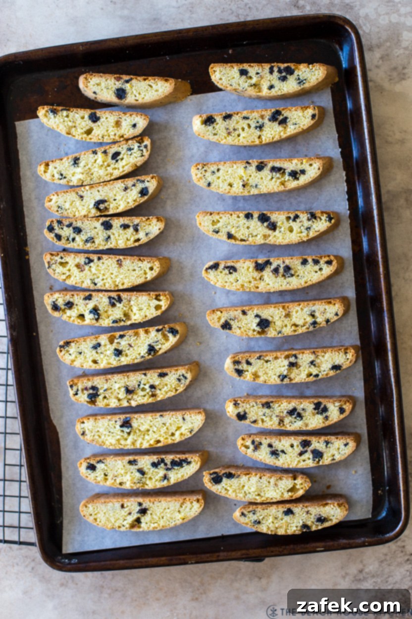 Zesty Blueberry Lemon Biscotti 11 Overhead photo of a baking sheet of blueberry lemon biscotti slices