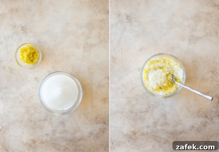 Zesty Blueberry Lemon Biscotti 6 Diptich of lemon zest being mashed into sugar