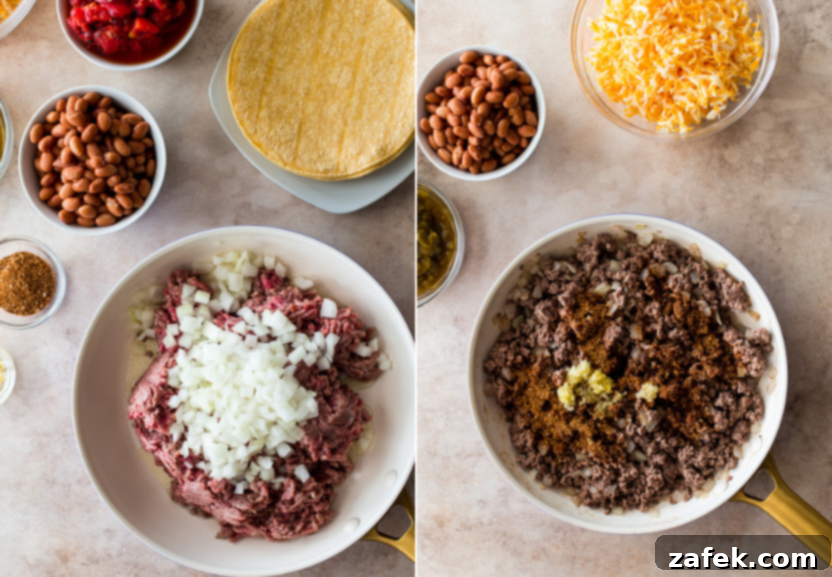 Diptich showing step 1: browning ground beef and onions in a skillet; and step 2: adding garlic and taco seasoning to the beef mixture.