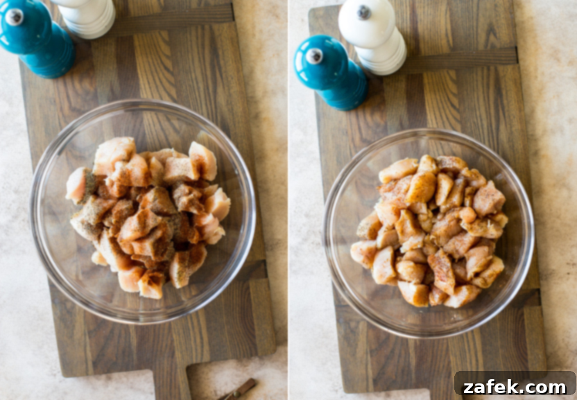 Diptich showing step-by-step preparation of chicken cubes and seasoning