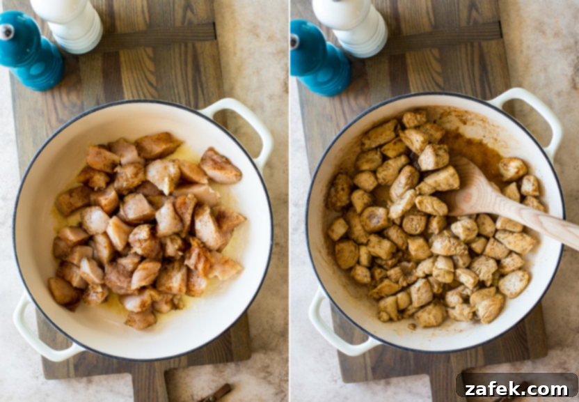 Diptich showing chicken pieces being cooked in a skillet