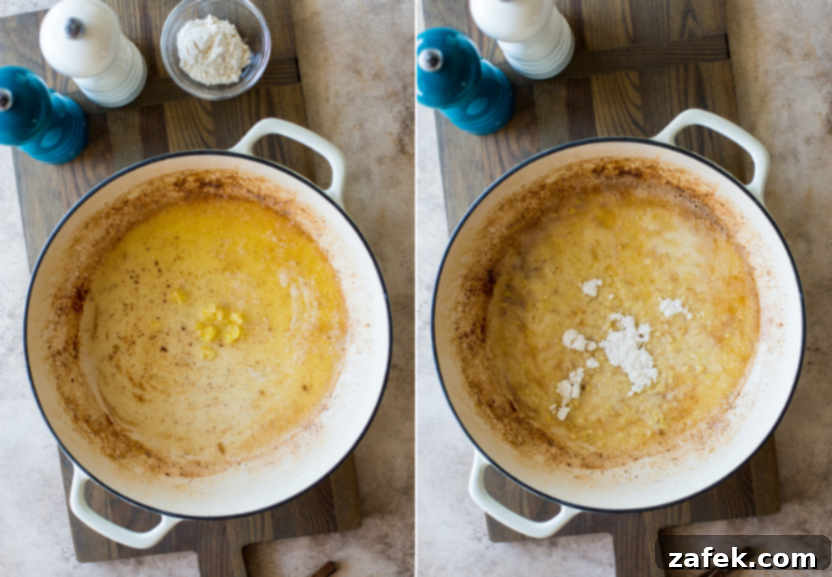 Diptich showing pasta cooking and butter melting for sauce