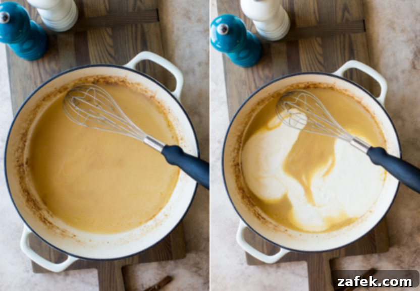 Diptich showing chicken broth and heavy cream being whisked into the sauce