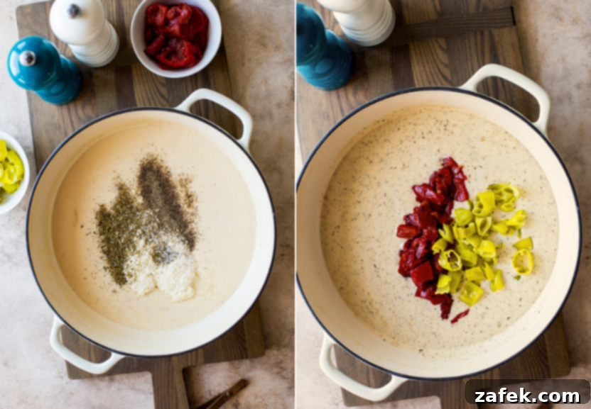 Diptich showing pepperoncini and roasted red peppers added to the sauce