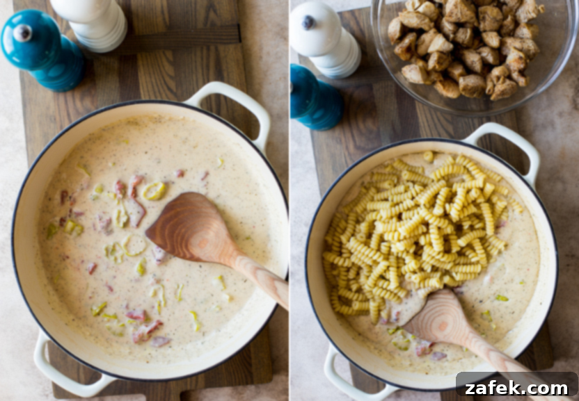 Diptich showing the finished pasta dish in the skillet