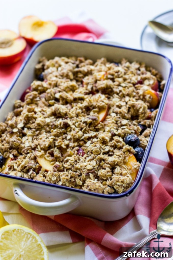 Warm Gluten Free Blueberry Nectarine Crisp served with ice cream