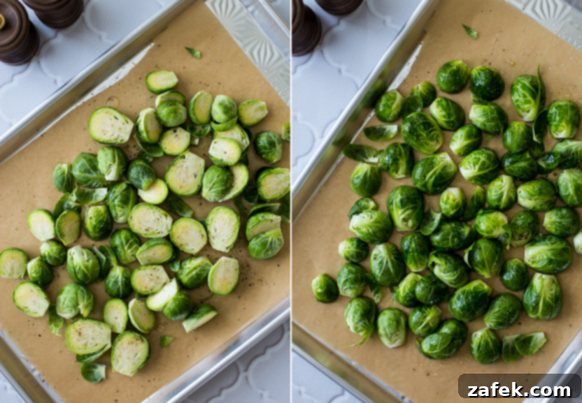 Diptich showing Brussels sprouts being drizzled with olive oil and then seasoned with salt and pepper on a baking sheet, ready for roasting.