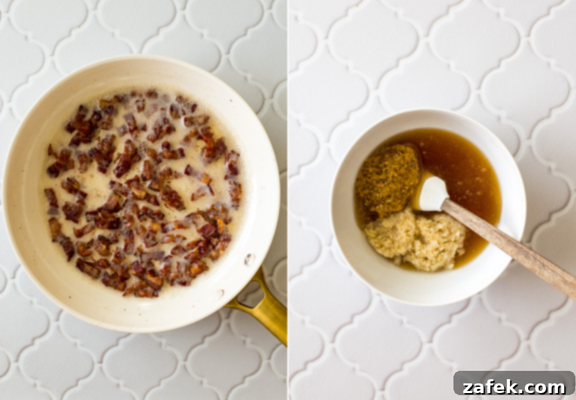 Diptich showing diced bacon cooking in a skillet until crisp, and then being transferred to a paper towel-lined plate to drain.