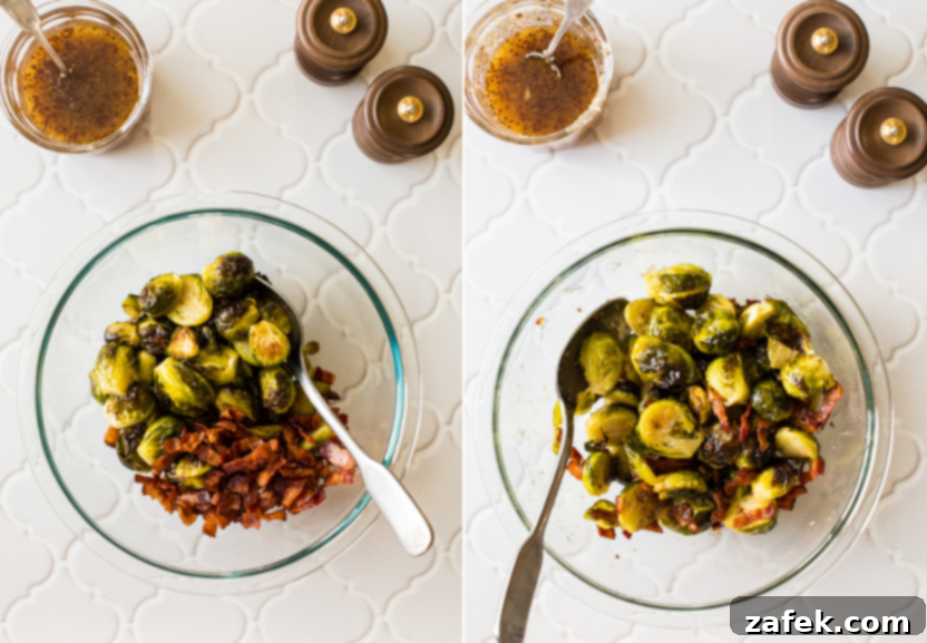 Diptich showing horseradish, honey, and coarse-grain mustard being whisked together in a saucepan, and then the glaze simmering gently over medium heat.