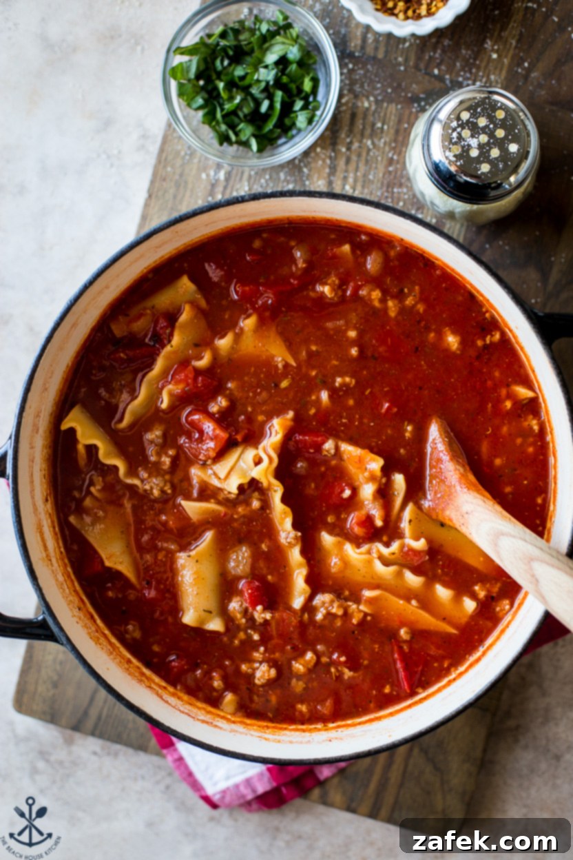 Hearty Lasagna Soup 2 Up close overhead photo of a pot of lasagna soup with a serving spoon