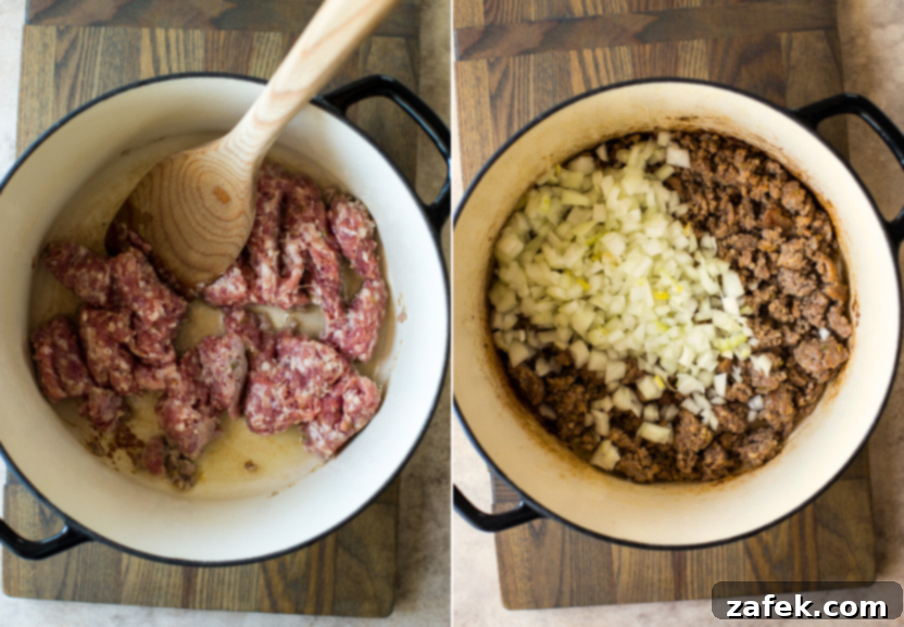 Hearty Lasagna Soup 5 Diptich showing step-by-step cooking process of browning sausage and adding onions