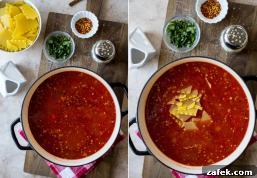 Hearty Lasagna Soup 6 Diptich showing step-by-step cooking process of simmering broth and adding noodles